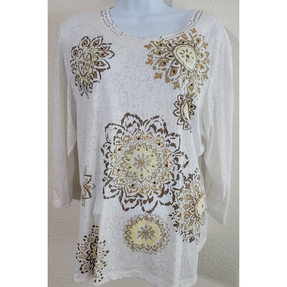 Alfred Dunner White Gold Burnout Floral Top XL Round Neck 3/4 Sleeves - Picture 1 of 5